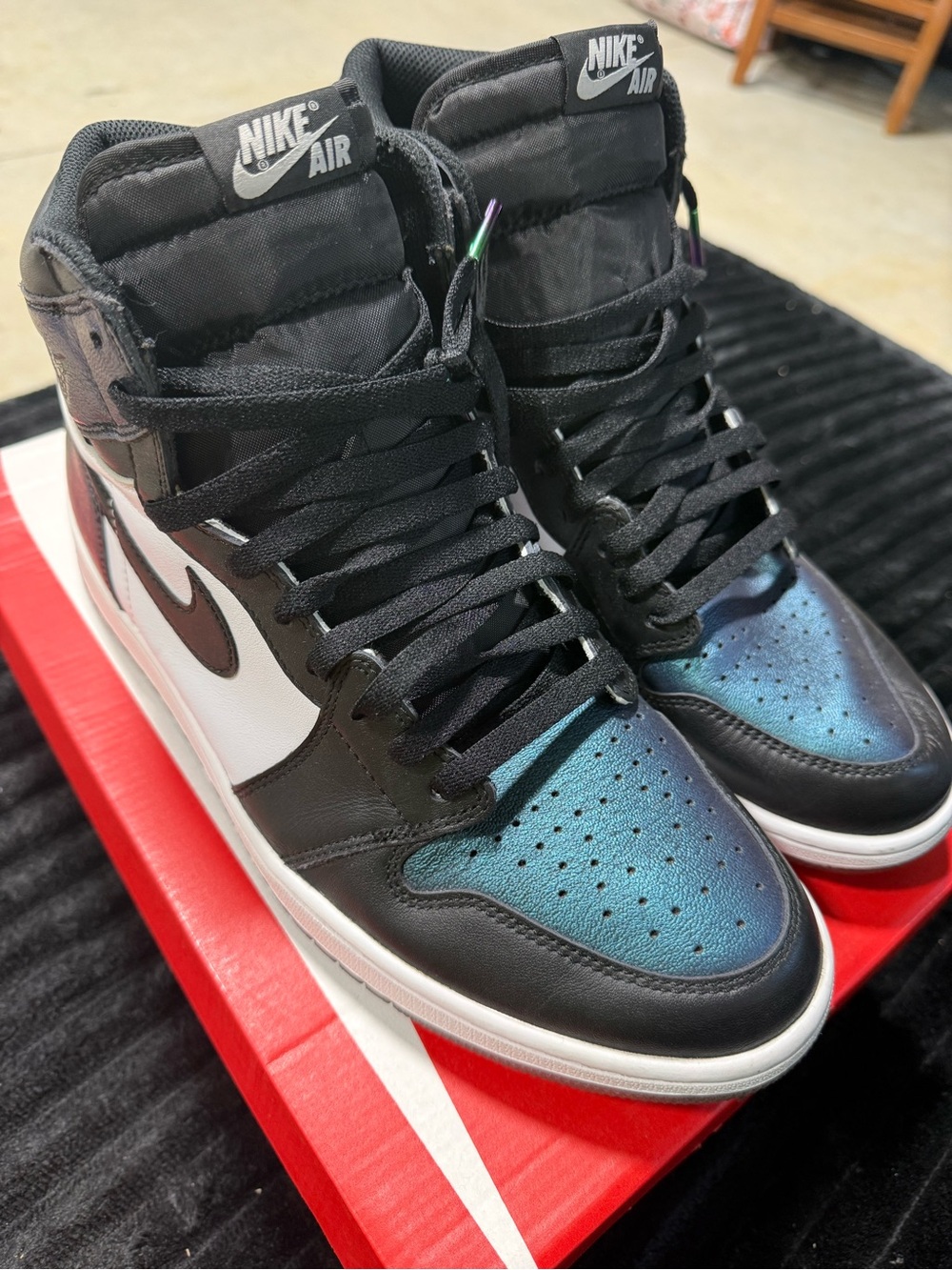 Jordan High-Top Sneakers - Black, White & Iridescent Blue Toe